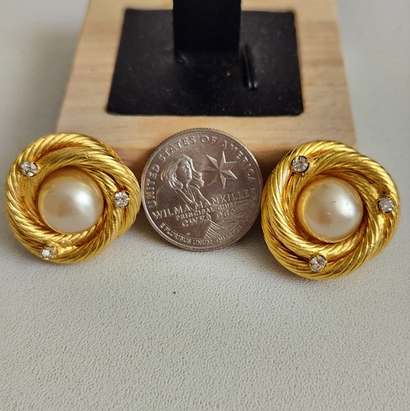 CHANEL Pearl Rhinestone Gold Tone Earrings - Picture 7 of 8